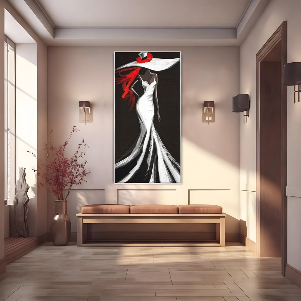 Tablou canvas cu tablou canvas cu silueta de femeie in rochie alba, in rama de aluminiu argintiu